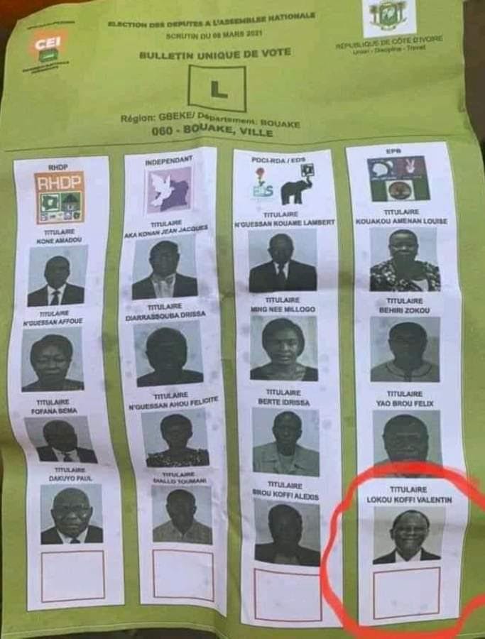 Bulletin de  vote à Bouaké : la photo du président Ouattara à la place de celle d’un candidat de l’opposition